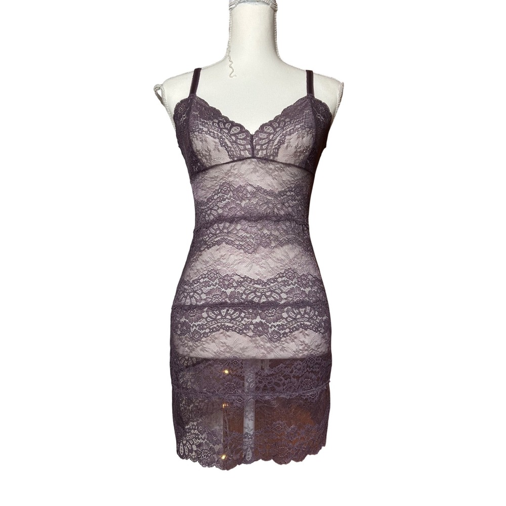 NWT Samantha Chang New York Lace‎ Sheer Slip Dress Purple Lingerie $140 Retail